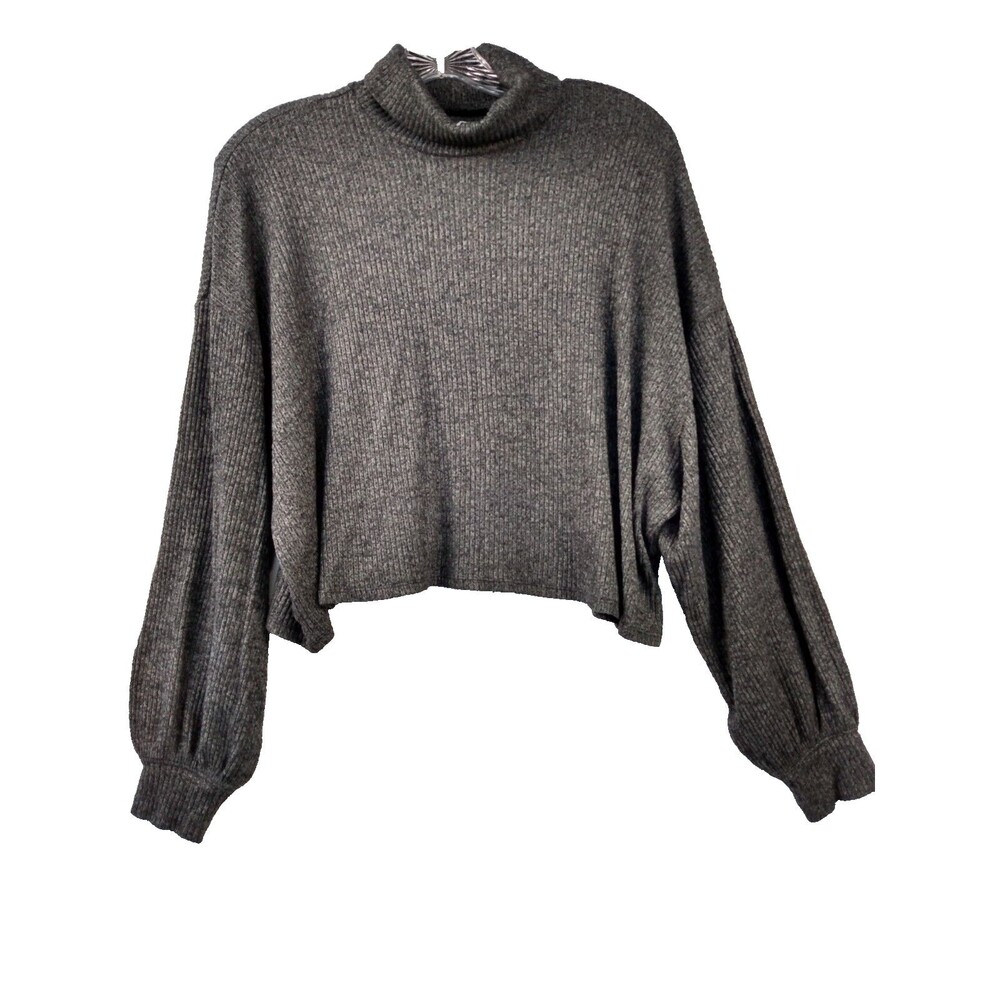 Hollister Womens Sweater Large Gray Cropped Turtleneck Puff Sleeves Oversized